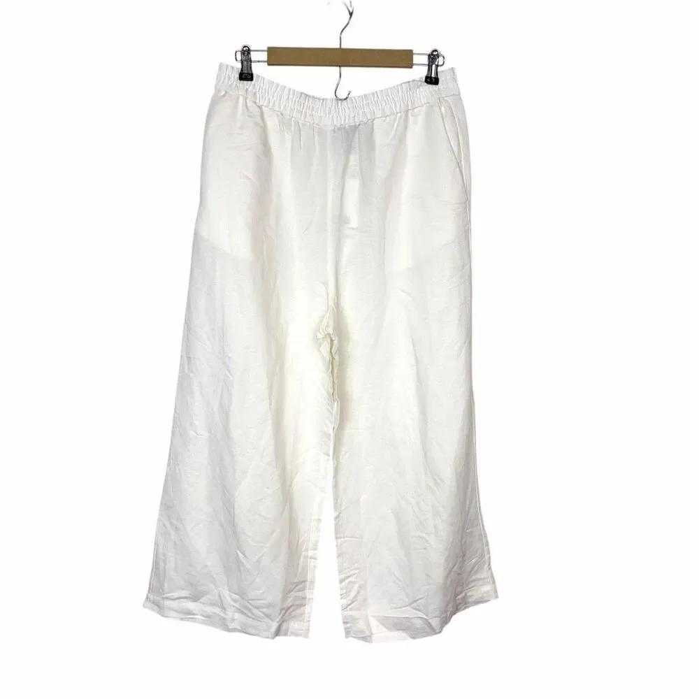 NWT H&M Linen Blend Pants Womens Medium White Elastic Waist Wide Leg Pull On